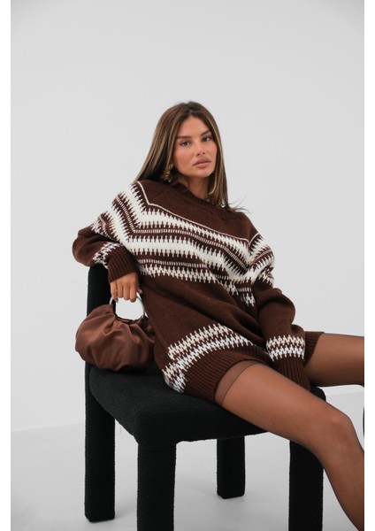 Nakışlı Çizgili Desen Oversize Kazak