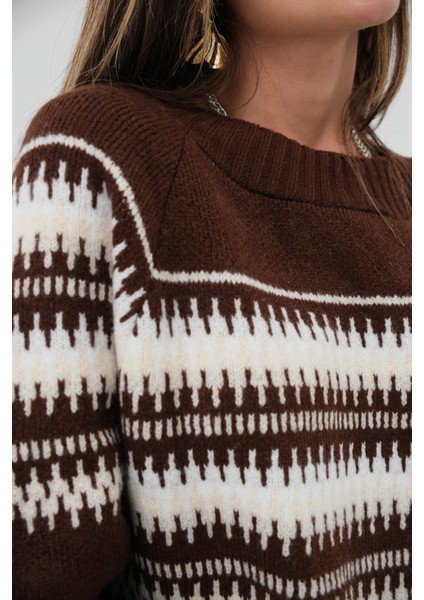Nakışlı Çizgili Desen Oversize Kazak