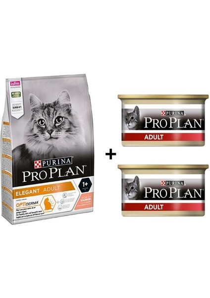 Elegant Somonlu Yetişkin Kedi Maması 3 kg + 2 Adet Pro Plan Tavuklu Kedi Konservesi 85 gr
