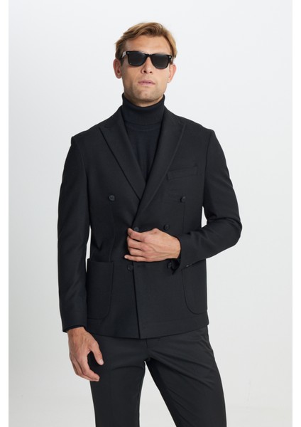 Slim Fit Dar Kesim Kırlangıç Yaka Diagonal Desenli Torba Cepli Ceket