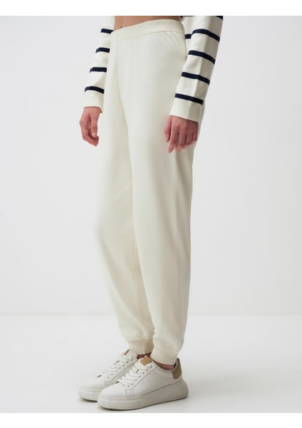 Ekru Yüksek Bel Lastikli Paça Jogger Pantolon