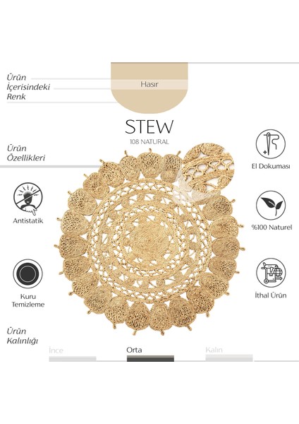 Cool Halı Stew CA-108 Natural Yuvarlak Jüt Halı El Dokuma Hasır Halı Dekoratif Jüt Örgü Halı Natural Jüt Kilim