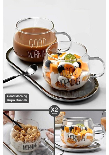 2li Good Morning Kupa Cam Bardak Isıya Dayanıklı Kulplu Stil Kahve Sunum Kahvaltı Süt Bardağı 350ML