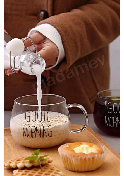 2li Good Morning Kupa Cam Bardak Isıya Dayanıklı Kulplu Stil Kahve Sunum Kahvaltı Süt Bardağı 350ML fiyatları