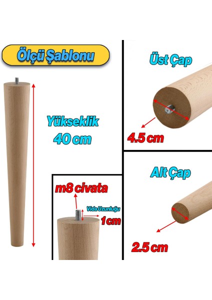 Ahşap Mobilya Ayağı 4 Adet Aparatlı 40 cm Sehpa Zigon Orta Masa Puf Tabure Tv Ünitesi Ayakları M8