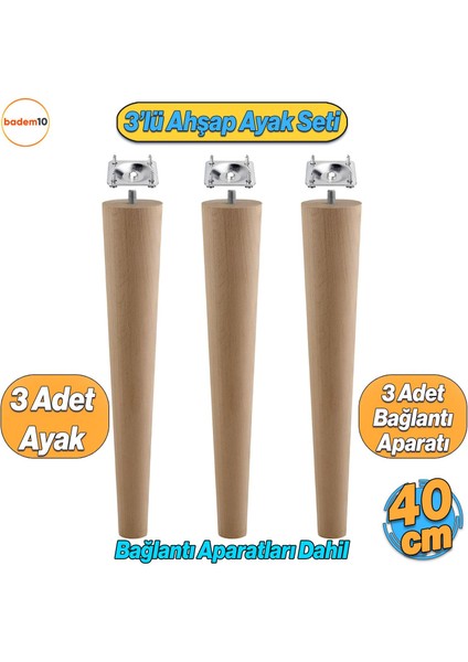 Ahşap Mobilya Ayağı 3 Adet Aparatlı 40 cm Sehpa Zigon Orta Masa Puf Tabure Tv Ünitesi Ayakları M8