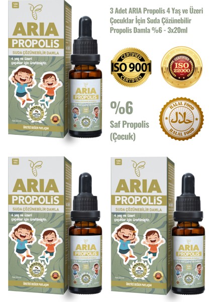 3 Adet 4 Yaş ve Üzeri Çocuklar İçin Suda Çözünebilir Propolis Damla %6 - 3x20ml