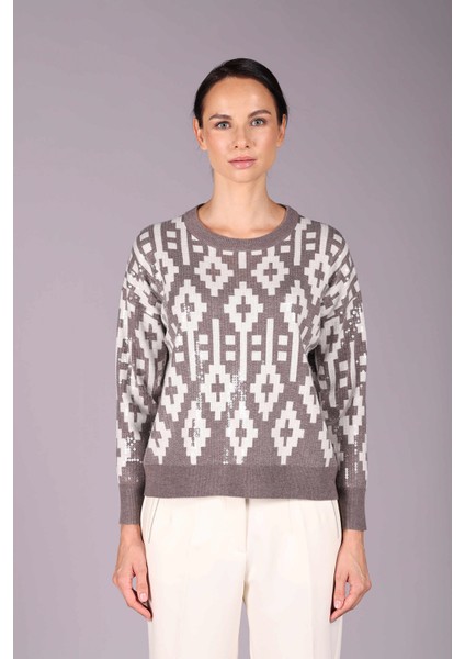 Kadın Pul Payet Detaylı Etnik Desenli Uzun Kol Yün Kazak 2532 Sütlü Kahve-Fildişi