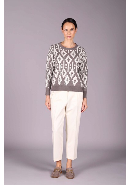 Kadın Pul Payet Detaylı Etnik Desenli Uzun Kol Yün Kazak 2532 Sütlü Kahve-Fildişi fiyatları