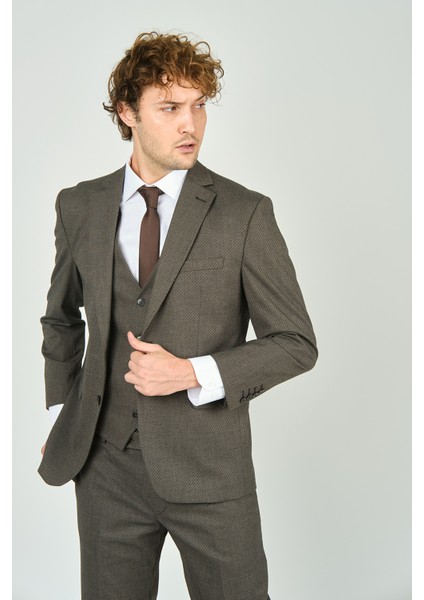 Erkek Regular Fit Mono Yaka Yelekli Takım Elbise 4460 Kahverengi
