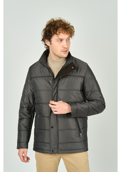 Erkek Içi Kürklü Dik Yaka Çıtçıt ve Fermuar Kapamalı Mont Kaban 5300 Füme