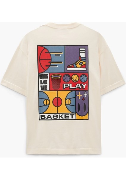 We Love Play Basket Yazılı Basket Tasarım Baskılı Oversize Beyaz Erkek T-Shirt