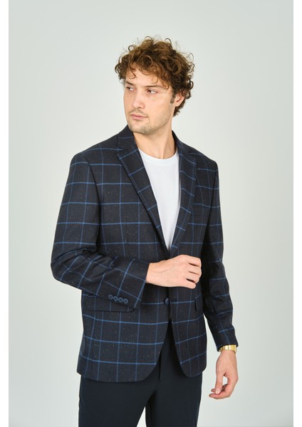 Erkek Klasik Kesim Ekoseli Regular Fit Yün Ceket 3435 Lacivert