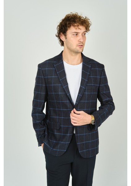 Erkek Klasik Kesim Ekoseli Regular Fit Yün Ceket 3435 Lacivert modelleri