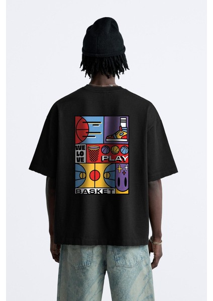 We Love Play Basket Yazılı Basket Tasarım Baskılı Oversize Siyah Erkek T-Shirt