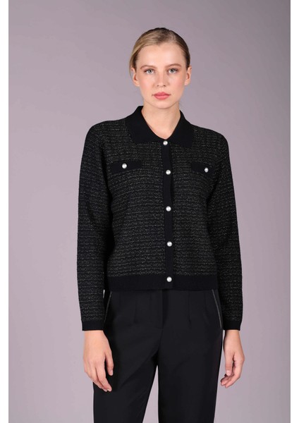 Kadın Inci Düğmeli Polo Yaka Simli Yün Hırka 2558 Siyah