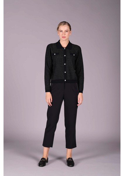 Kadın Inci Düğmeli Polo Yaka Simli Yün Hırka 2558 Siyah fiyatları