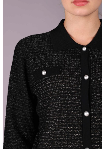 Kadın Inci Düğmeli Polo Yaka Simli Yün Hırka 2558 Siyah modelleri