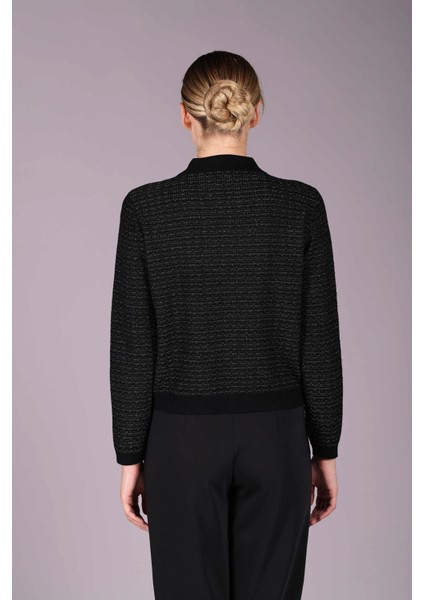 Kadın Inci Düğmeli Polo Yaka Simli Yün Hırka 2558 Siyah fırsatları