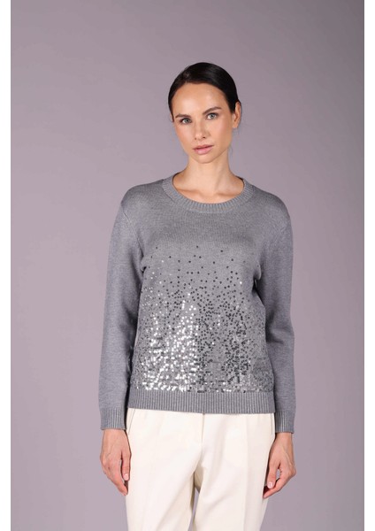 Kadın Bisiklet Yaka Pul Payet Detaylı Uzun Kollu Triko Kazak 2572 Gri