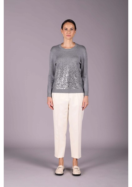 Kadın Bisiklet Yaka Pul Payet Detaylı Uzun Kollu Triko Kazak 2572 Gri fiyatları