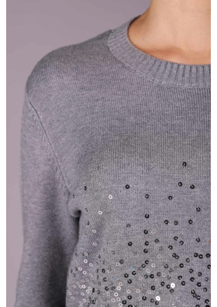 Kadın Bisiklet Yaka Pul Payet Detaylı Uzun Kollu Triko Kazak 2572 Gri modelleri