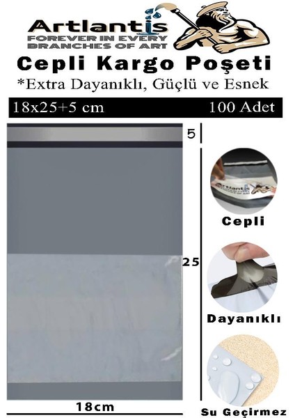 Plastik Kargo Poşeti Cepli 18X25+5 cm 100 Adet 1 Paket Ekonomik Cepli Kargo Poşeti Dayanıklı Gri Esnek