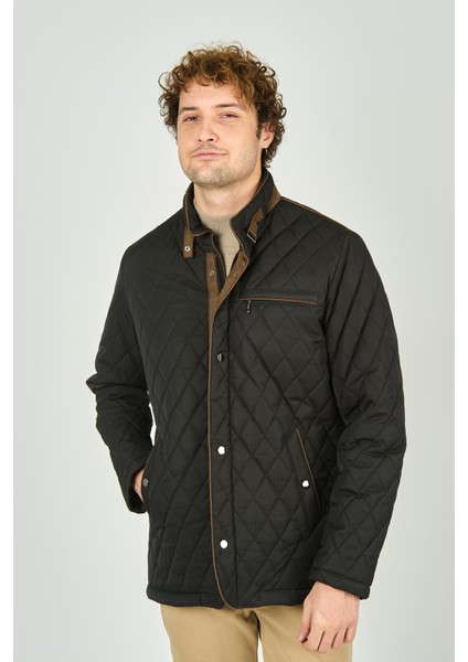 Erkek Dik Yaka Fermuar ve Çıtçıt Kapamalı Kapitone Kaban 1000 Koyu Yeşil