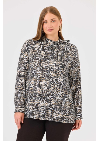 Kadın Büyük Beden Yakası Bağlamalı Desenli Gömlek 4026 Siyah fiyatları