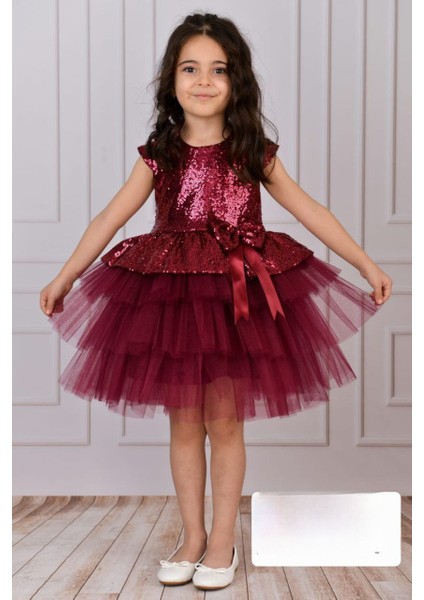 Kız Çocuk Bordo Renk Abiye Elbise