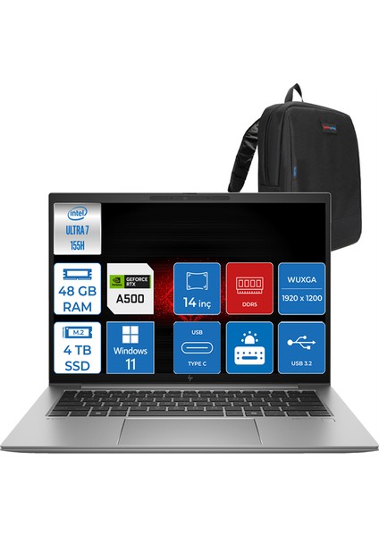 Hp Hp Zbook Firefly G11 Intel Ultra 7 155H 48GB 4tb SSD 4GB/RTXA500 Wuxga 16" W11PRO Mobil Iş Istasyonu F5G4B8EWP06 + Zettaçanta