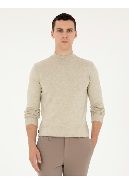 Erkek Kum Melanj Slim Fit Yarım Balıkçı Yaka Basic Triko Kazak 50296548-VR123