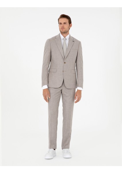 Erkek Bej Slim Fit Çizgili Yün Kaşmir Karışımlı Takım Elbise 50295308-VR011
