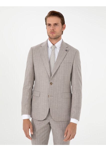 Erkek Bej Slim Fit Çizgili Yün Kaşmir Karışımlı Takım Elbise 50295308-VR011 modelleri