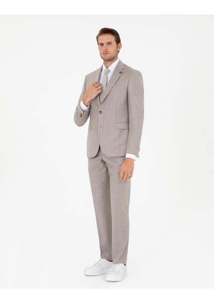 Erkek Bej Slim Fit Çizgili Yün Kaşmir Karışımlı Takım Elbise 50295308-VR011 fırsatları