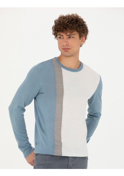 Erkek Koyu Mavi Slim Fit Bisiklet Yaka Yün Karışımlı Triko Kazak 50278089-VR032