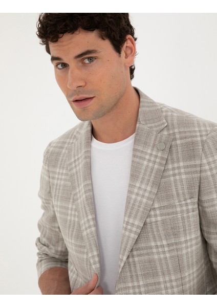 Erkek Bej Slim Fit Yün Keten Karışımlı Ekose Ceket 50285195-VR011 fiyatları