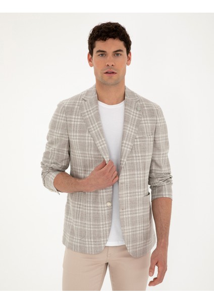 Erkek Bej Slim Fit Yün Keten Karışımlı Ekose Ceket 50285195-VR011 modelleri