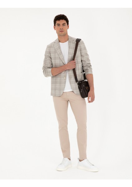 Erkek Bej Slim Fit Yün Keten Karışımlı Ekose Ceket 50285195-VR011 fırsatları