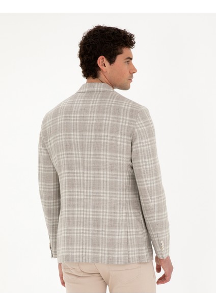 Erkek Bej Slim Fit Yün Keten Karışımlı Ekose Ceket 50285195-VR011 indirimleri