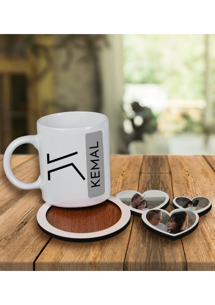 Kişiye Özel Tasarım Kupa Bardak ve Fotoğraflı Kalpler Ahşap Bardak Altlığı 100117