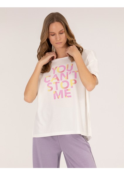 Kadın Ekru Oversize Tişört 50263618-VR019