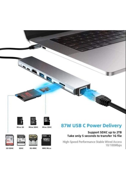 Byars-Type-C Hub Port  Uyumlu Adaptör HDMI USB Kart Okuyucu Ethernet Pd Girişli Macbook Çevirici Gri Byarsbilişim