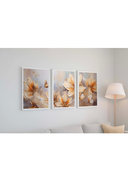 3 Parça Çerçeveli Kabartma Görünümlü Dekoratif Çiçekler Ahşap Tablo Seti, Ev Dekoru, Soyut Tablo modelleri