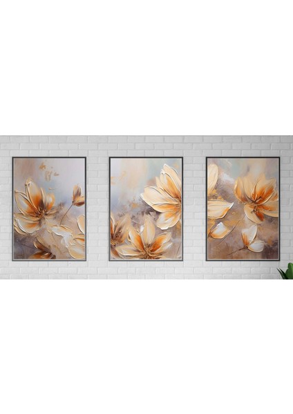 3 Parça Çerçeveli Kabartma Görünümlü Dekoratif Çiçekler Ahşap Tablo Seti, Ev Dekoru, Soyut Tablo indirimleri