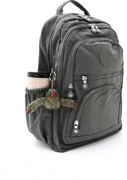 Unisex Suya Dayanıklı Krinkıl Kumaş Çok Gözlü Orta Boy Laptop Okul ve Sırt Çantası Gri