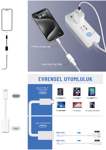 Usb-C (Type-C) - Light-Ning Çevirici Adaptörü USB Type-C Erkek - Light-Ning Dişi Tak-Çalıştır Şarj ve Veri Transferi TA33
