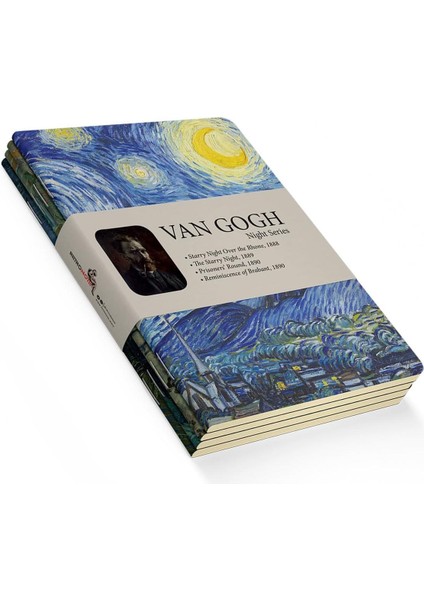 Byars-Night Series - A6, Van Gogh 4'lü Defter Seti I, Çizgisiz, Toplam 192 Sayfa, Her Biri 48 Sayfa, Tel Dikiş, Esnek Kapak, Oval Kenar, Tuval Doku, 60 Gram, Sarı Krem Renk Byarsbilişim