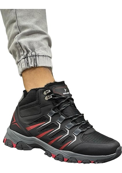 Erkek İçi Yünlü Fermuarlı Su İtici Trekking Outdoor Bot SİYAH-KIRMIZI