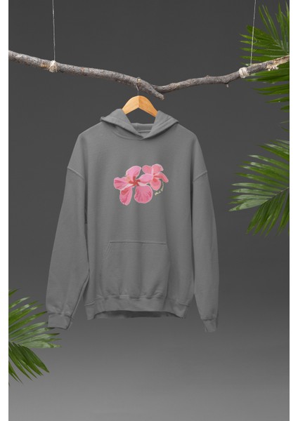 Hibiskus Tasarımı Baskılı Yüksek Kalite Kapüşonlu Kanguru Cepli Unisex Oversize Sweatshirt